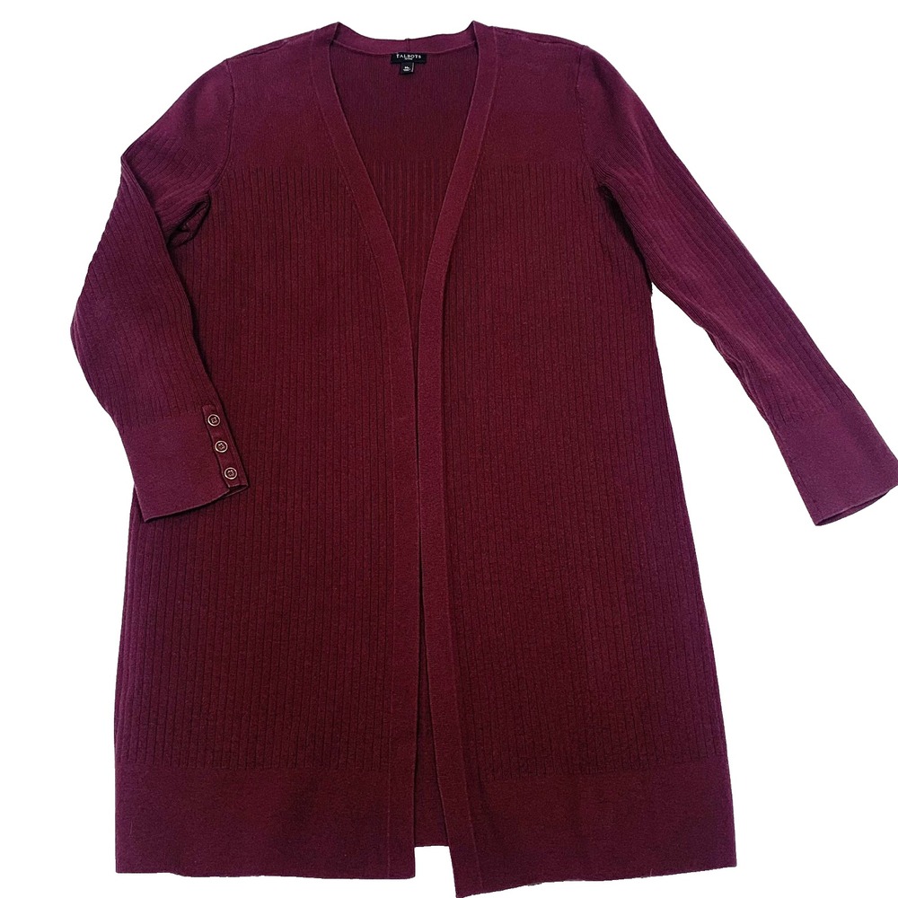 Talbots Cardigan Womens Petite Medium Burgundy Open Front Long Cotton Blend Knit